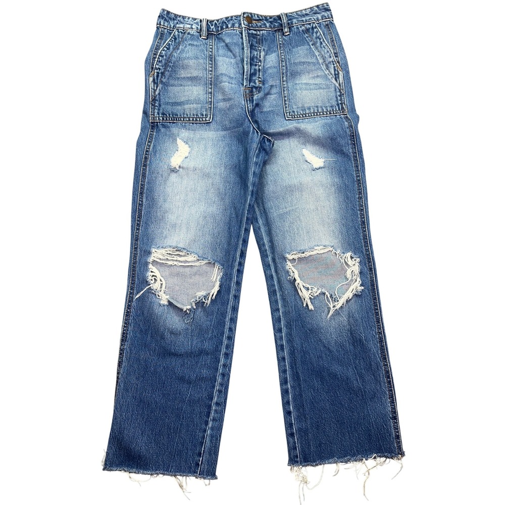 Böhme Distressed Denim Jeans Ripped Knee Raw Hem Utility Pockets Sz 27 Fits 28"